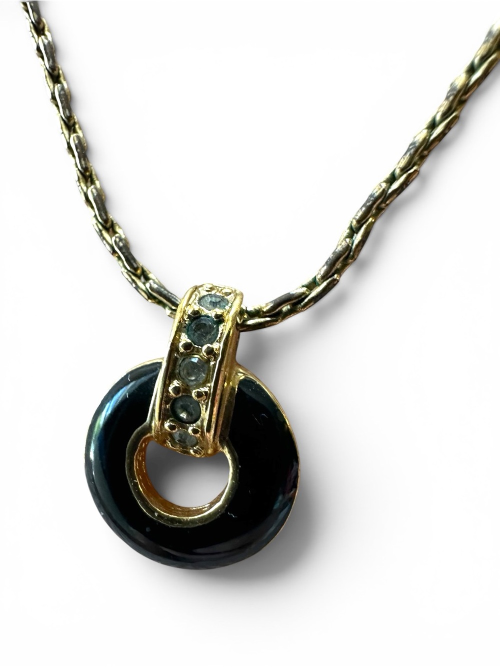 Christian Dior Gold Plated Black Enamel Rhinestone Pendant Necklace Vintage